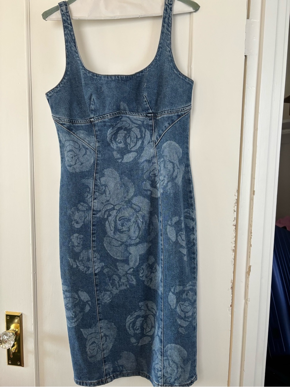 Denim Floral Print Midi Dress - Blue